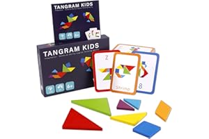 Wood Tangram Puzzle Set, Creative Wooden Geometric Shape Puzzle Games with 60 Double-Sided Tangram Shaped Cardstocks Pattern 