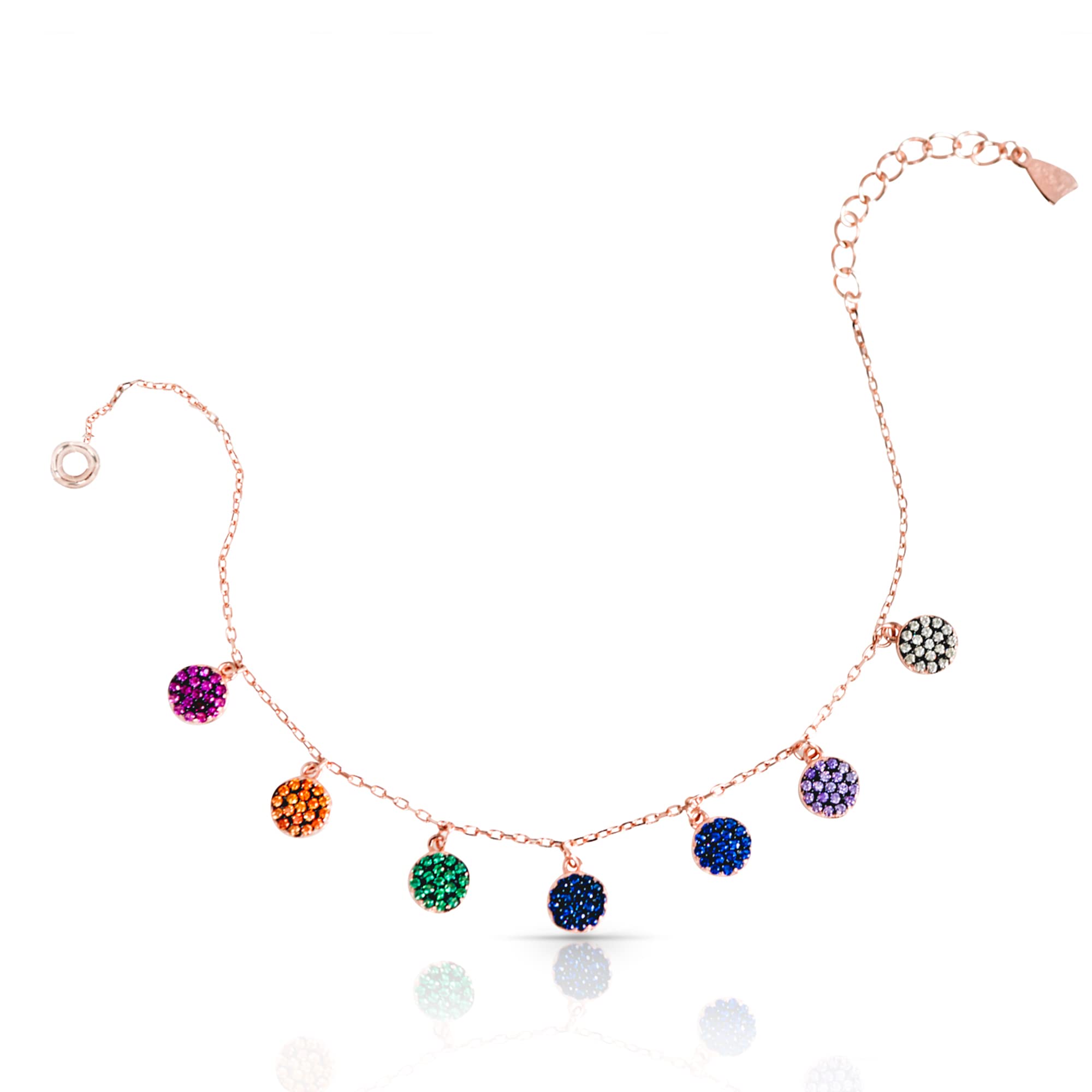 Tiramisu | "Rainbow" Bracelet with 7 Colorful Charms | Women's/Girl's Jewelry | 925 Sterling Silver Rose Gold Plated+Cubic Zirconia | Adjustable Size| Slim and Delicate Bracelet | Elegant Gift |16+3cm