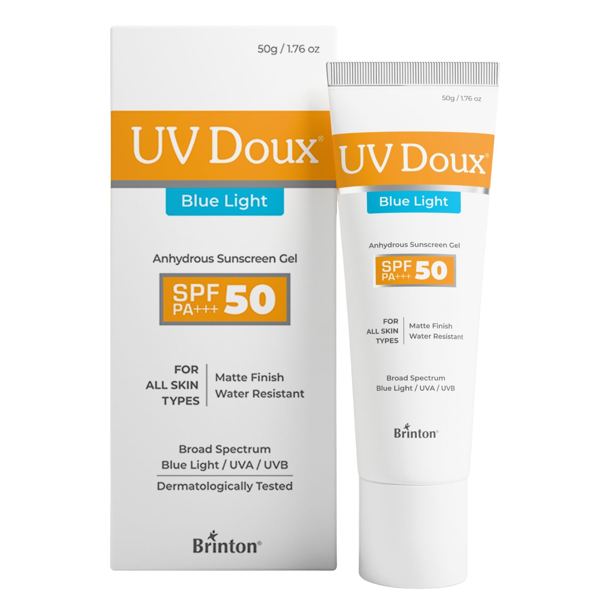 Brinton UV Doux Blue Light Tinted Sunscreen Gel SPF 50 PA+++ Broad Spectrum Blue Light & UVA/UVB Protection Matte Finish with Sweat & Water Resistant For Men & Women Dermatologist Approved, 50gm