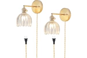 LINSEEDS Plug in Wall Sconces Set of 2, Vintage Wall Sconce Light with Tulip Transparent Glass Lampshade, Bedroom Wall Sconce with Switch and Plug in wall lamp Cord, Gold Wall Light Wall Decor Set of 2