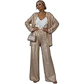 Women's Sequin 2 Piece Set Blazer Sparkly Slim Fit V Neck Top Shiny Clubwear for Party Jacket High Waisted Pant Suit