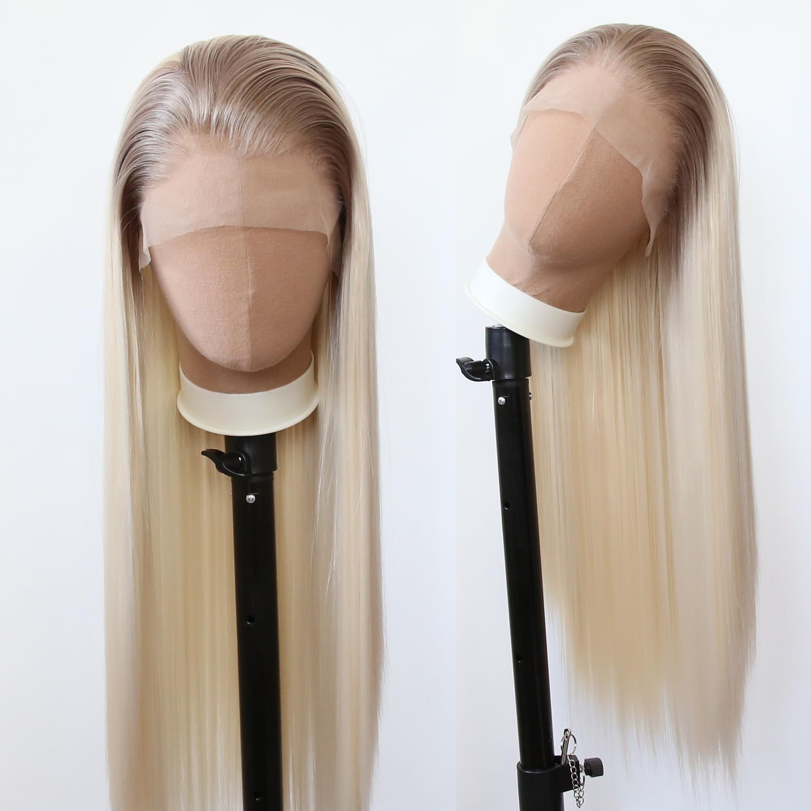 Towarm Dark Roots Blonde Wig Long Straight Ombre Ash Blonde Wig Synthetic Lace Front Wigs Pre Plucked Natural Hairline for Women Heat Resistant Fiber Hair Cosplay Daily Wear (Ombre Ash Blonde)