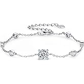 TIMEFASHION Bezel Station Link Bracelets for Women, 1.36cttw D Color Moissanite Bracelet 925 Sterling Silver for Wife or Mom, Adjustable Chain