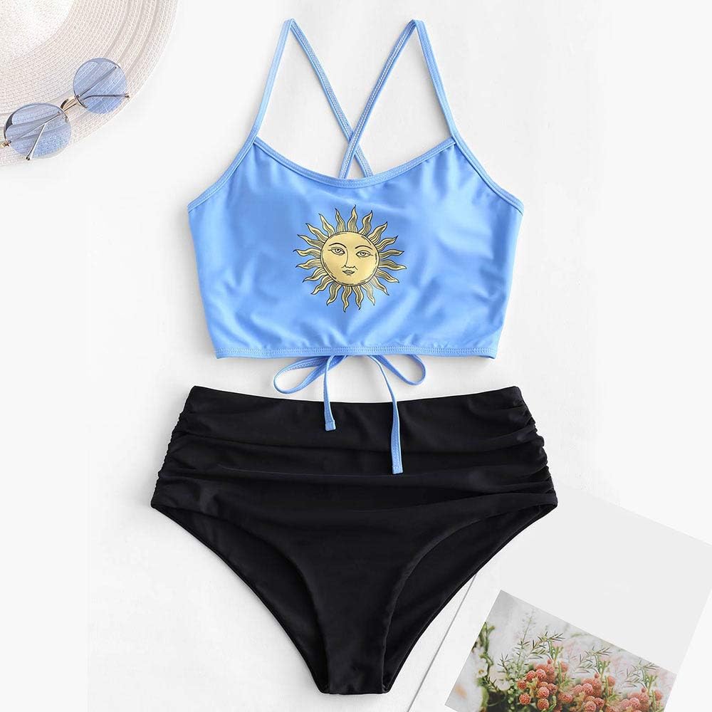 ZAFUL Womens Spaghetti Straps Sunflower Lace-up High Waisted Tankini Set