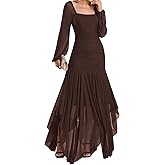 URYIAO Women's Formal Long Sleeve Maxi Dress Asymmetrical Hem Square Neck Mesh Wedding Guest Cocktail Dresses