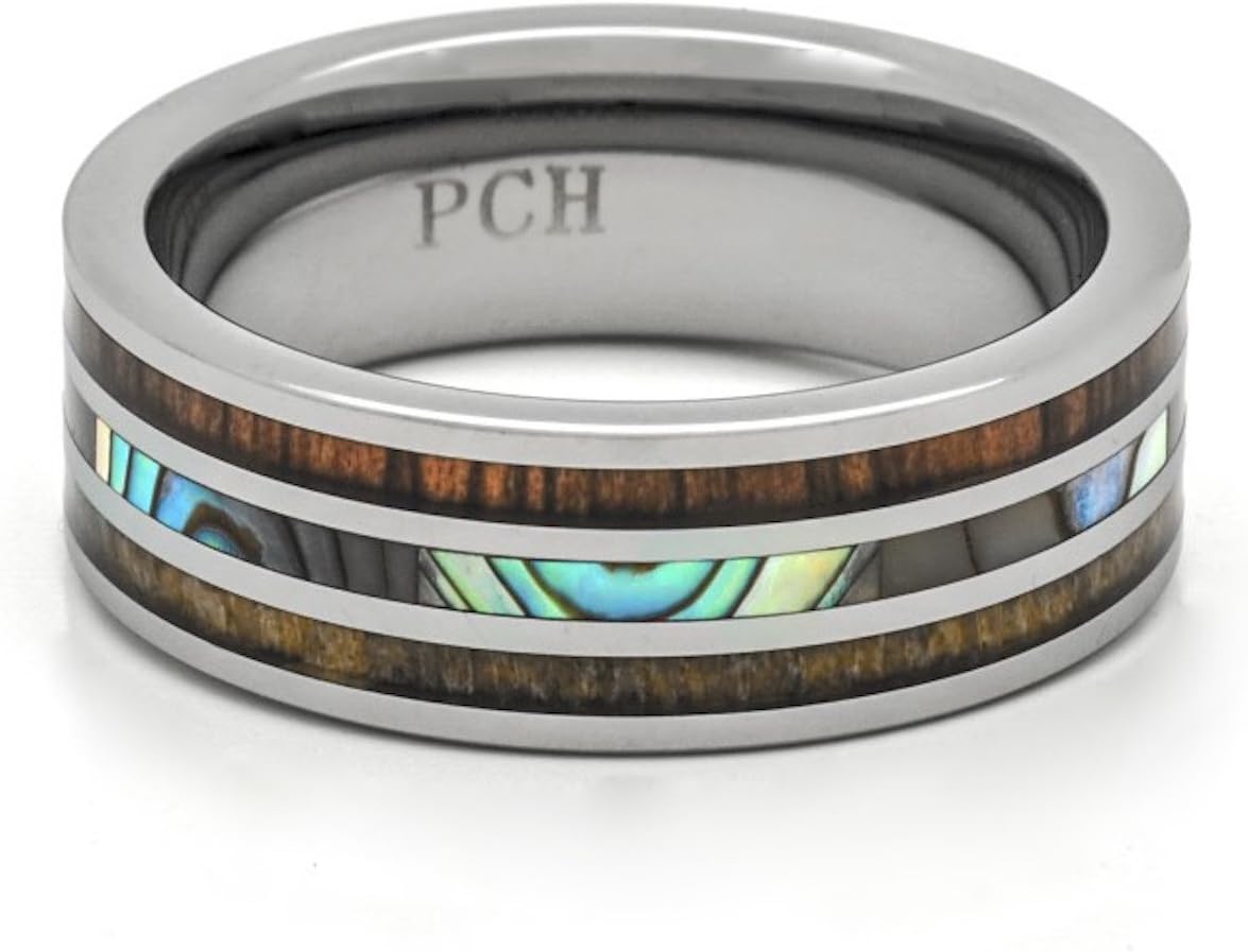 PCH Jewelers Deer Antler Ring Tungsten Koa Wood Abalone Inlay Wedding Band or Gift 8mm