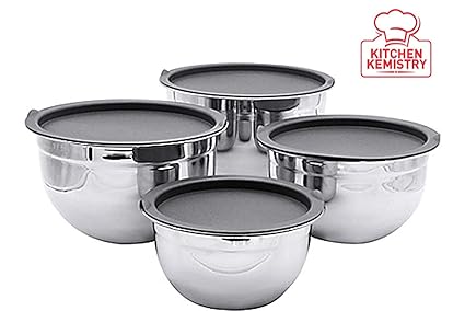 Kitchen Kemistry Stainless Steel German Bowl Set with 4 Different Sizes (1, 1.5, 3 and 5 Quart,
