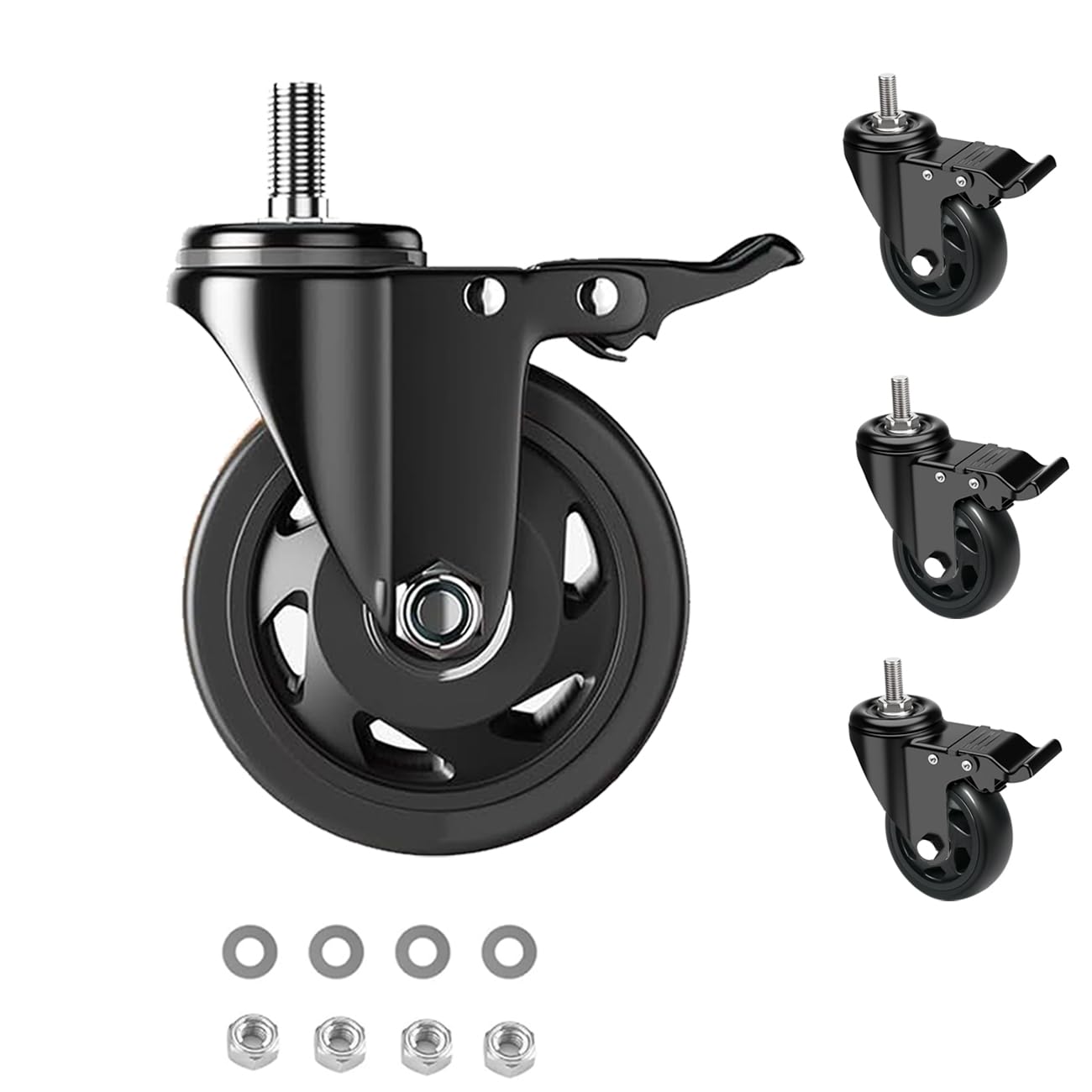 RRIUTO Heavy Duty 75MM Castor Wheels with Brake, Furniture Casters with M10x1.5x30mm Screw Stem, Double Bearing Stem Castors Swivel Wheels for Furniture, Set of 4 PU Trolley Castors up to 400kg