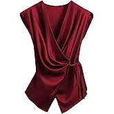 SOLY HUX Women's V Neck Satin Blouse Wrap Tie Side Sleeveless Shirt Summer Business Casual Tops