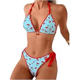 RoseSeek Women's 2 Piece Bikini Sets Cherry Print Spaghetti Strap Swimsuits | Halter Bras and String Thongs, Cute Bikini, Cherry Bikini, Bikini Sets for Women
