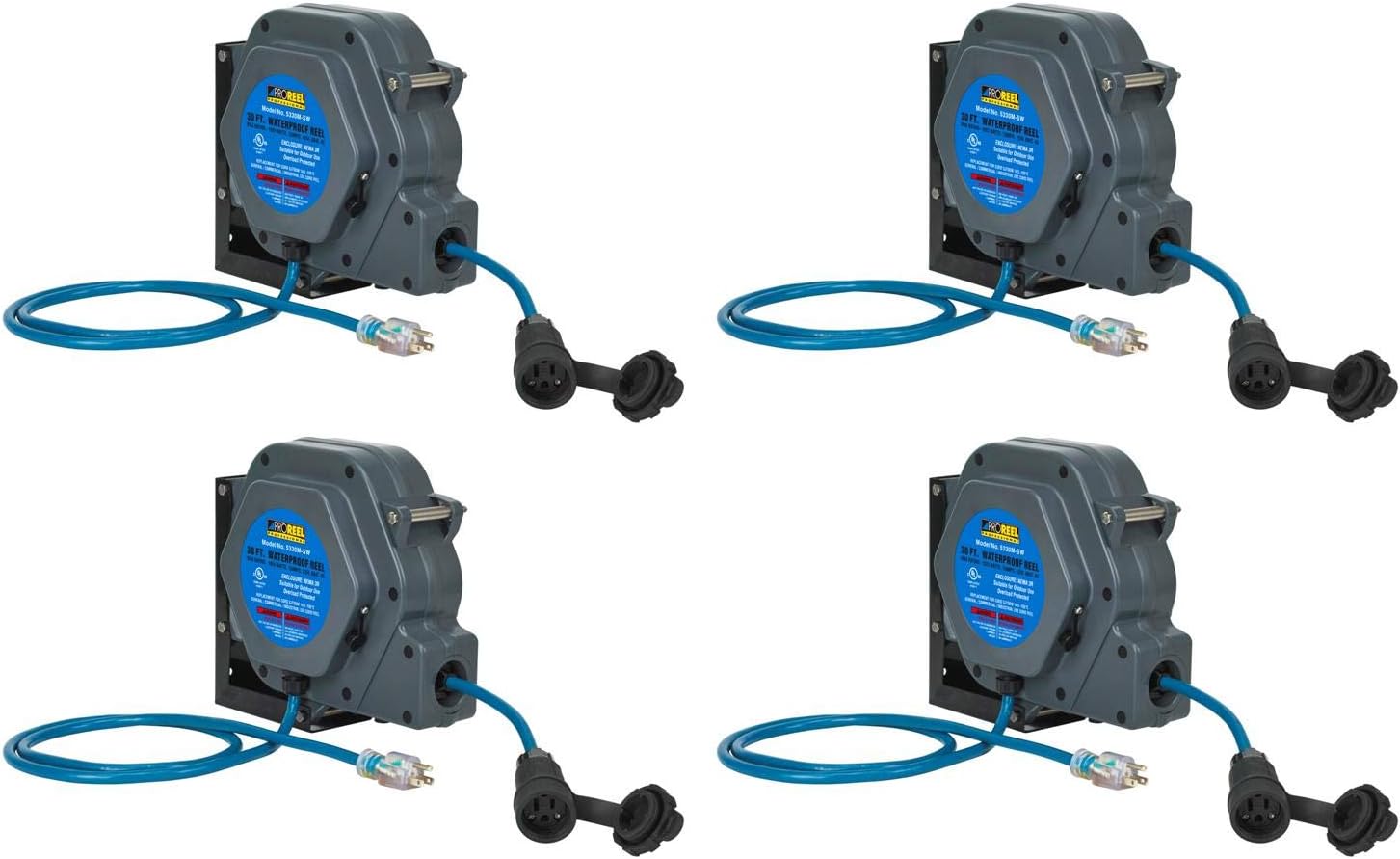 CASE of 4 NEMA 3R Weatherproof Indoor/Outdoor 30 Ft Extension Cord Reel