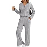 Dokotoo 2 Piece Lounge Sets for Women Ribbed Knit Button V Neck Long Sleeve Tops Matching Pants Pajamas Set 2025 Fall Outfits