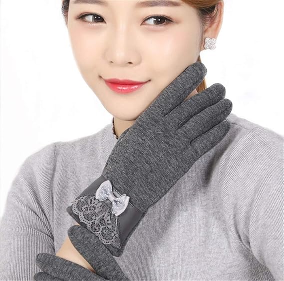 Amazon 手袋 レディース スマートフォン操作対応 レース装飾 レザー弓手袋 スマホ対応手袋 暖か 裏起毛 防寒 グレー 手袋 通販