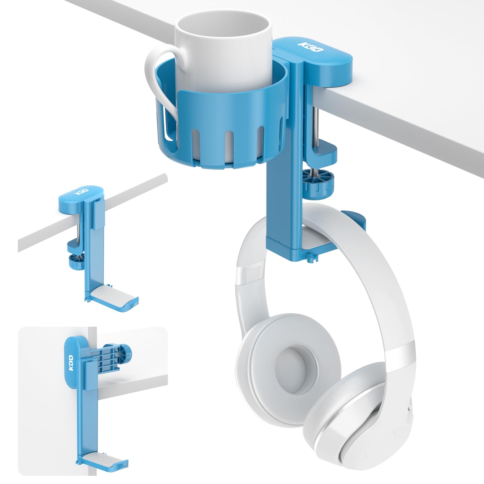 Photo 1 of KDD 2 in 1 Headphone Hanger with Desk Cup Holder - Under Desk Clamp Rotatable Headset Holder - Suitable for Coffee Mups, Water Cups, Headphone(Blue)