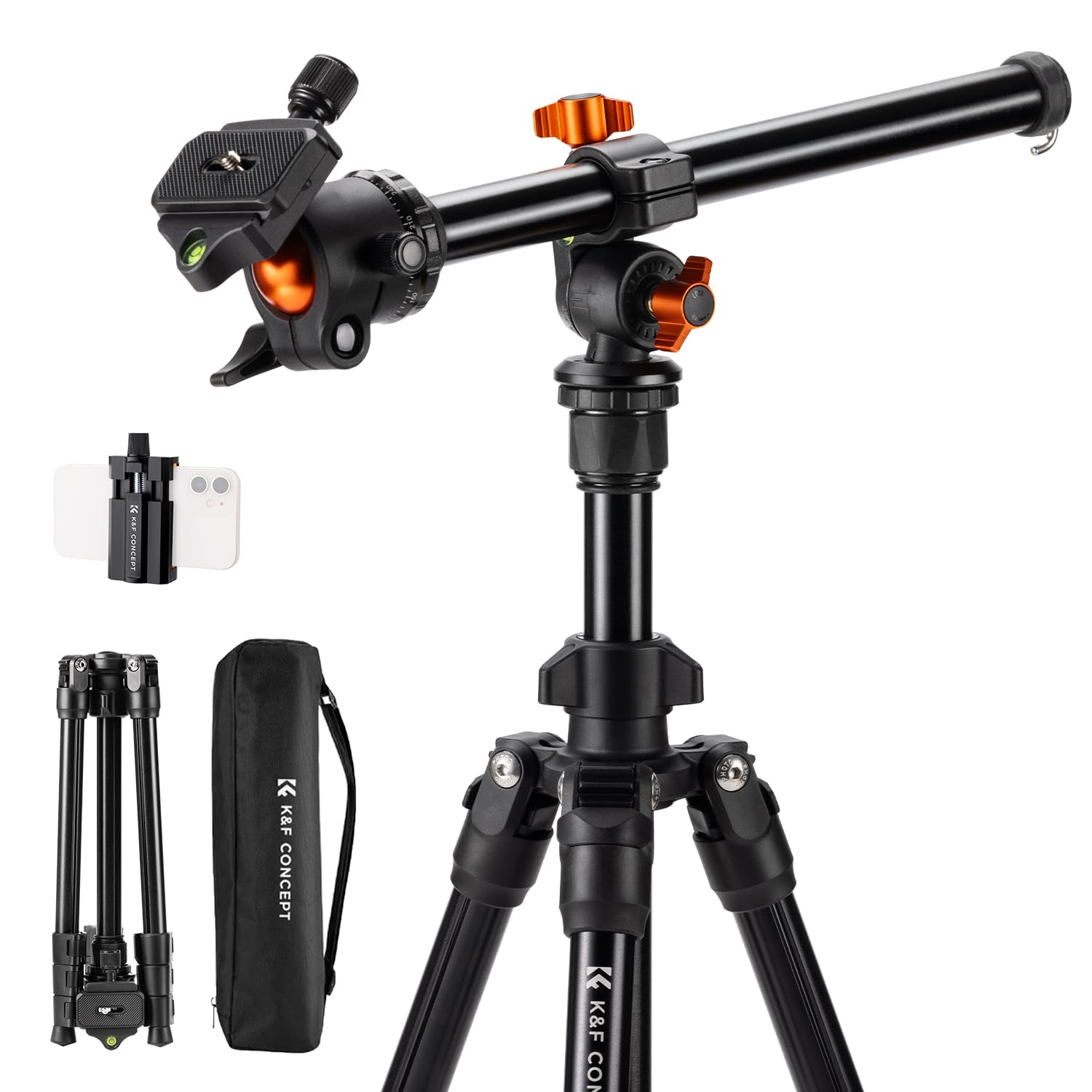 Photo 1 of K&F Concept 76 inch Camera Tripod with Rotatable Multi-Angle Center Column,Lightweight Travel Outdoor DSLR Tripods with 360 Degree Ball Head Load Capacity 8kg/17.6lbs, Cellphone Clips for Smartphone