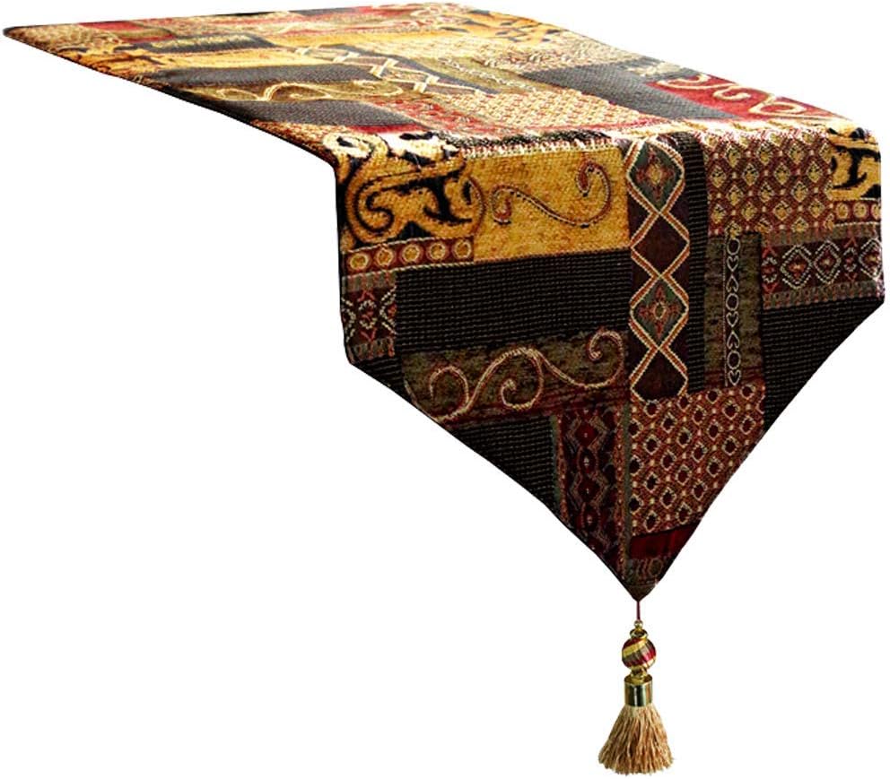 Farmhouse Table Runner, 13x120 Inches Luxury Double Layer Cotton Jacquard Boho Table Runner with Tassel Golden Illusion Collection for Dining Room Dresser Decor