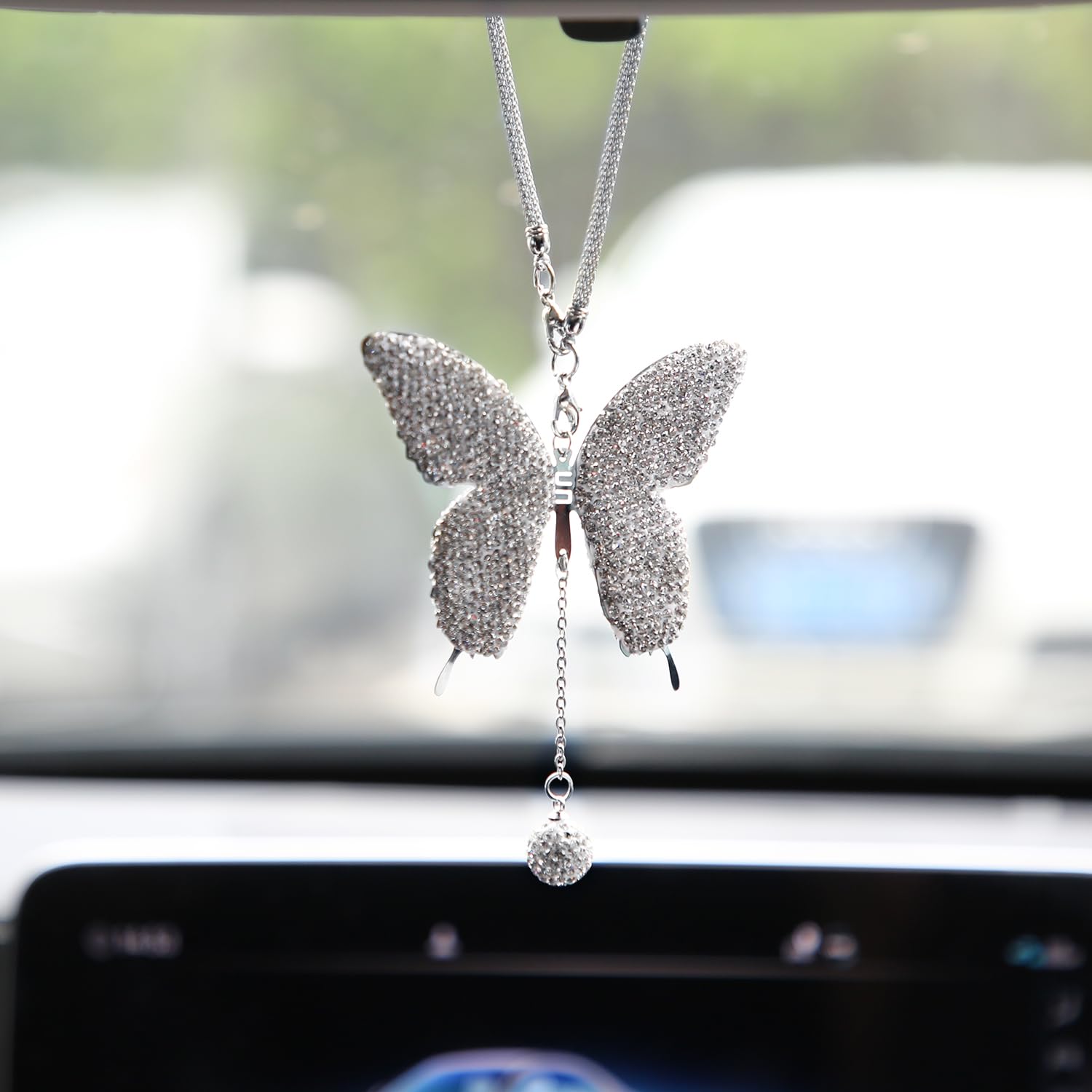 Ciondolo Per Specchietto Auto A Forma Di Cubo Diamantato, Cristallo Trasparente E Metallo Argento, 2,6 Cm, Con Catena Di 18 Cm, Regalo In Scatola Gioiello