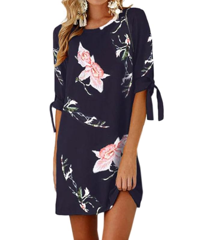 Woweal Sommer Damen Minikleid Freizeit Blumen Kleid Strandkleider Blusenkleider Mode Rundhals Halbe Hülse Bandagen Kleider Pa