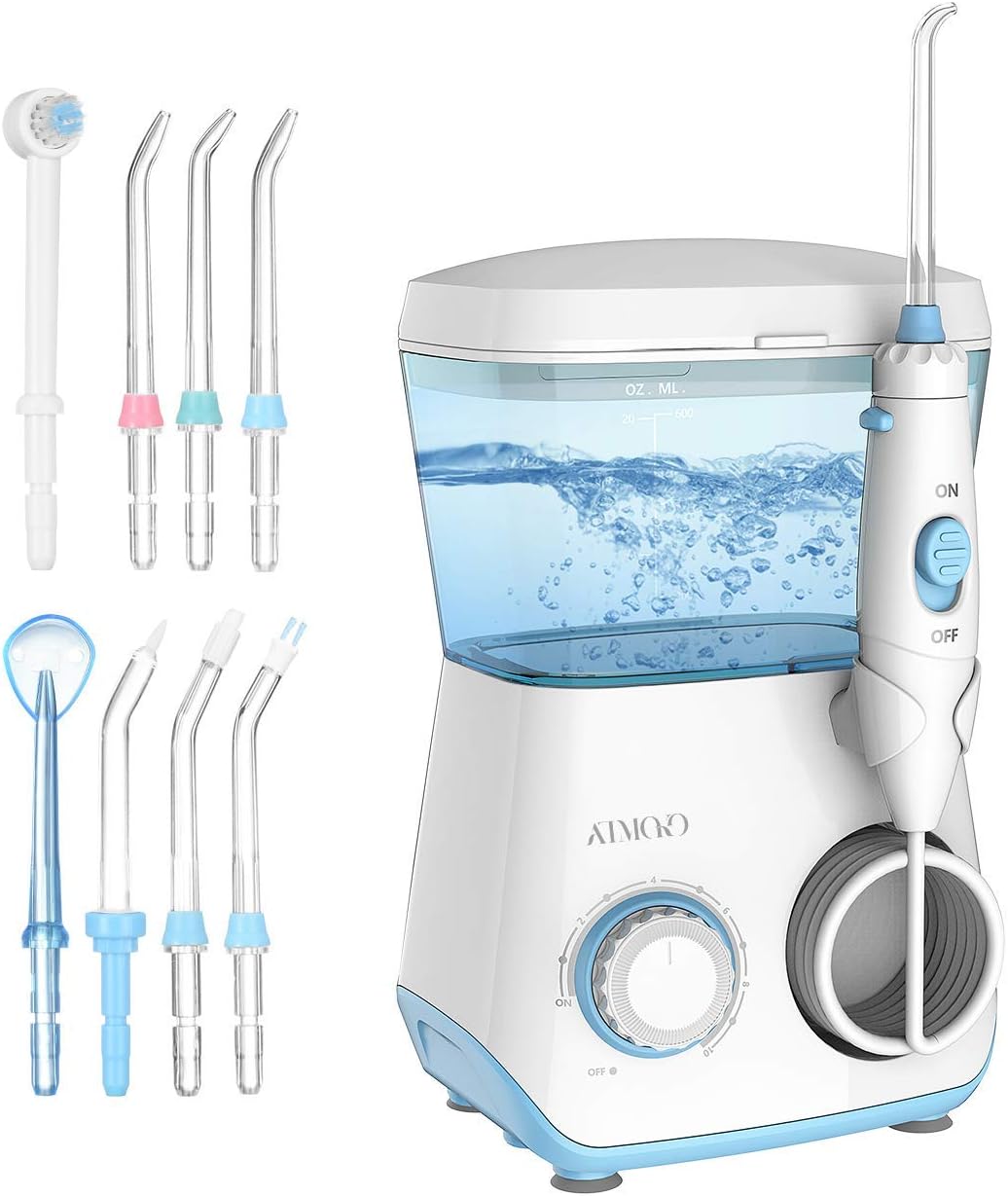 ELLESYE Water Flosser, ATMOKO 600ml Oral Irrigator with 7 Multifunctional Jet Tips & 1 Toothbrush Head for Home & Family, Dental Oral Irrigator for Teeth Cleaning & Braces Care, Adults & Kids White