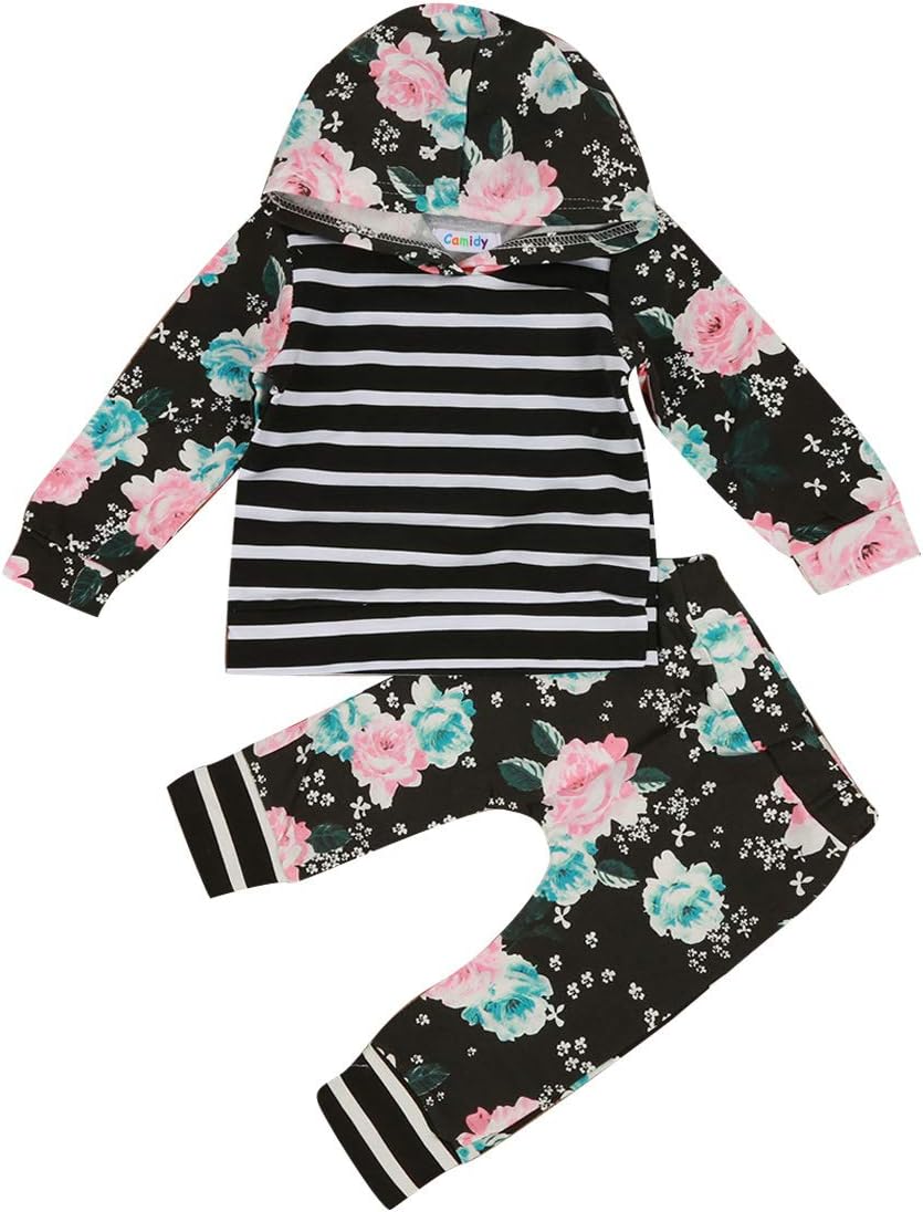 1-5Y Infant Baby Toddler Girl Floral Stripe Hooded Shirt Top & Pants Outfits Set