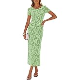 ZESICA Women's 2026 Summer Floral Bodycon Dress Short Sleeve Ruched Mesh Wedding Guest Cocktail Party Midi Dresses