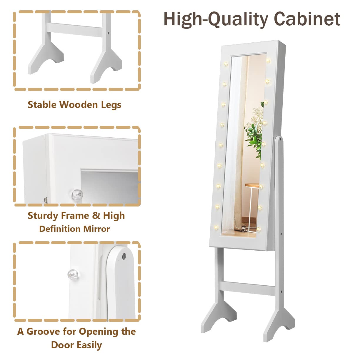 Giantex Giantex Standing Jewelry Armoire with 18 LED Lights Around the Door, Large Storage Mirrored Jewelry Cabinet with Full Length Mirror, 16 Lipstick Holders, 1 Inside Makeup Mirror (White)
