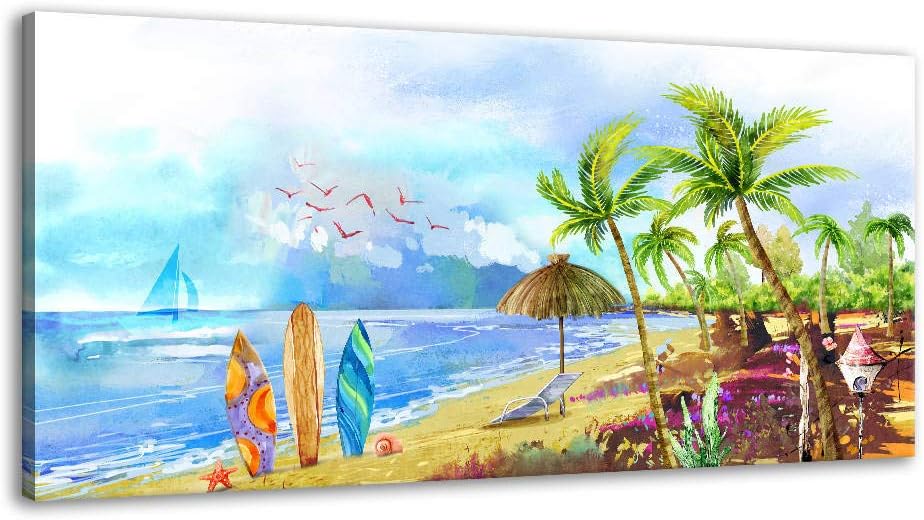 XF Canvas Wall Art for Bathroom - Blue Artwork Palm Tree Kids Wall Art Landscape Beach Picture Living Room Canvas Art Abstract Ocean Theme Modern Painting Hanging Artwork Office Decor