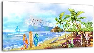 XF Canvas Wall Art for Bathroom - Blue Artwork Palm Tree Kids Wall Art Landscape Beach Picture Living Room Canvas Art Abstract Ocean Theme Modern Painting Hanging Artwork Office Decor