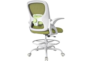LukkDys Drafting Chair,Tall and Standing Desk Chair with Flip-up Armrests, Ergonomic Comfy Lumbar Support and Adjustable Footrest Ring Office/Computer Chair (White-Green)