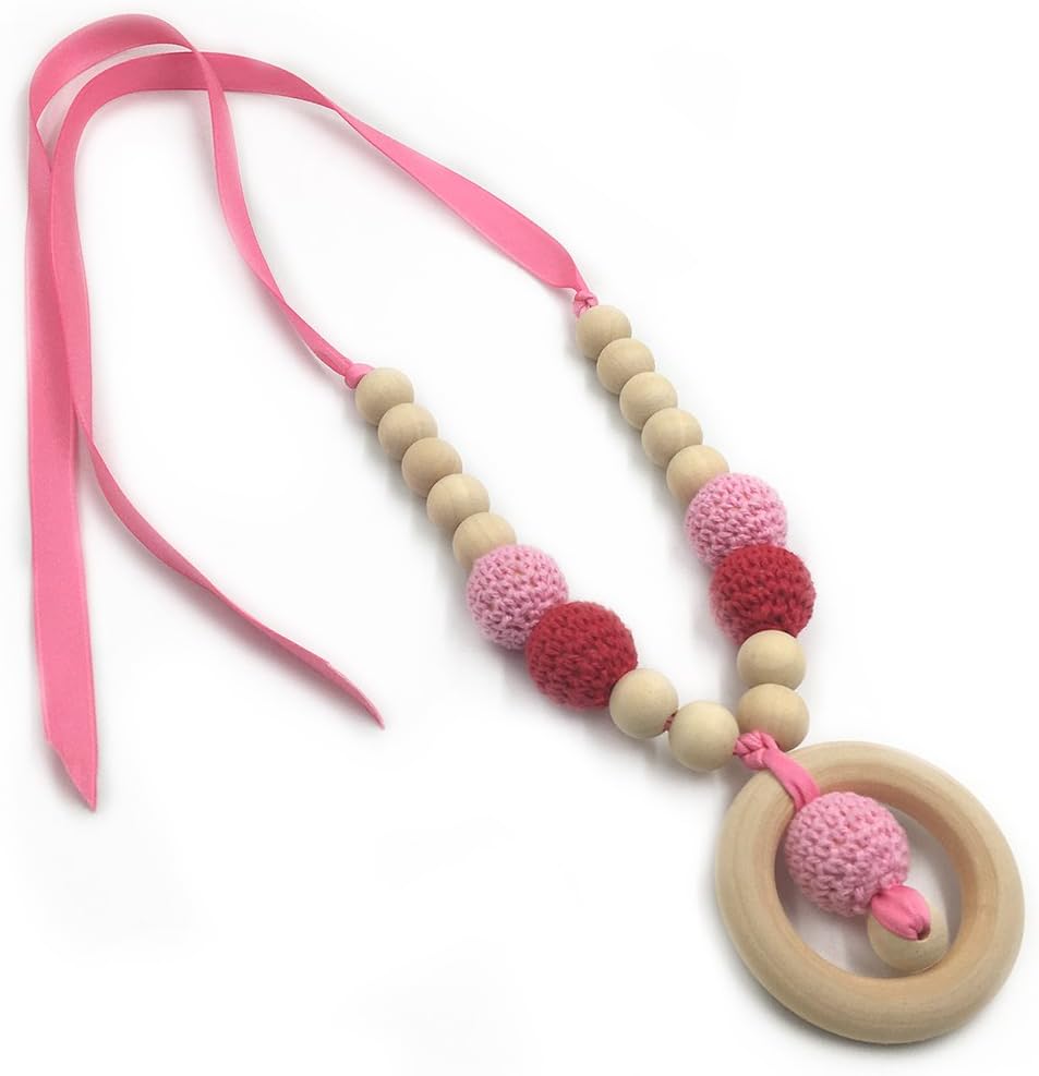 Coskiss Crochet Beads Baby Teether Necklace Beads Safe Teething Necklace with Organic Natural Wood Toy Mom Kids Wooden Teether Necklace (Hot Pink)