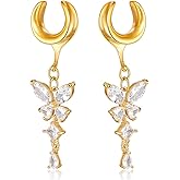 Casvort 2 PCS Hypoallergenic 2G-5/8 Elegant Butterfly Dangle Ear Tunnels Saddle Hangers Plugs 316 Surgical Stainless Steel Wedding Ear Gauges Women Piercing Body Jewelry