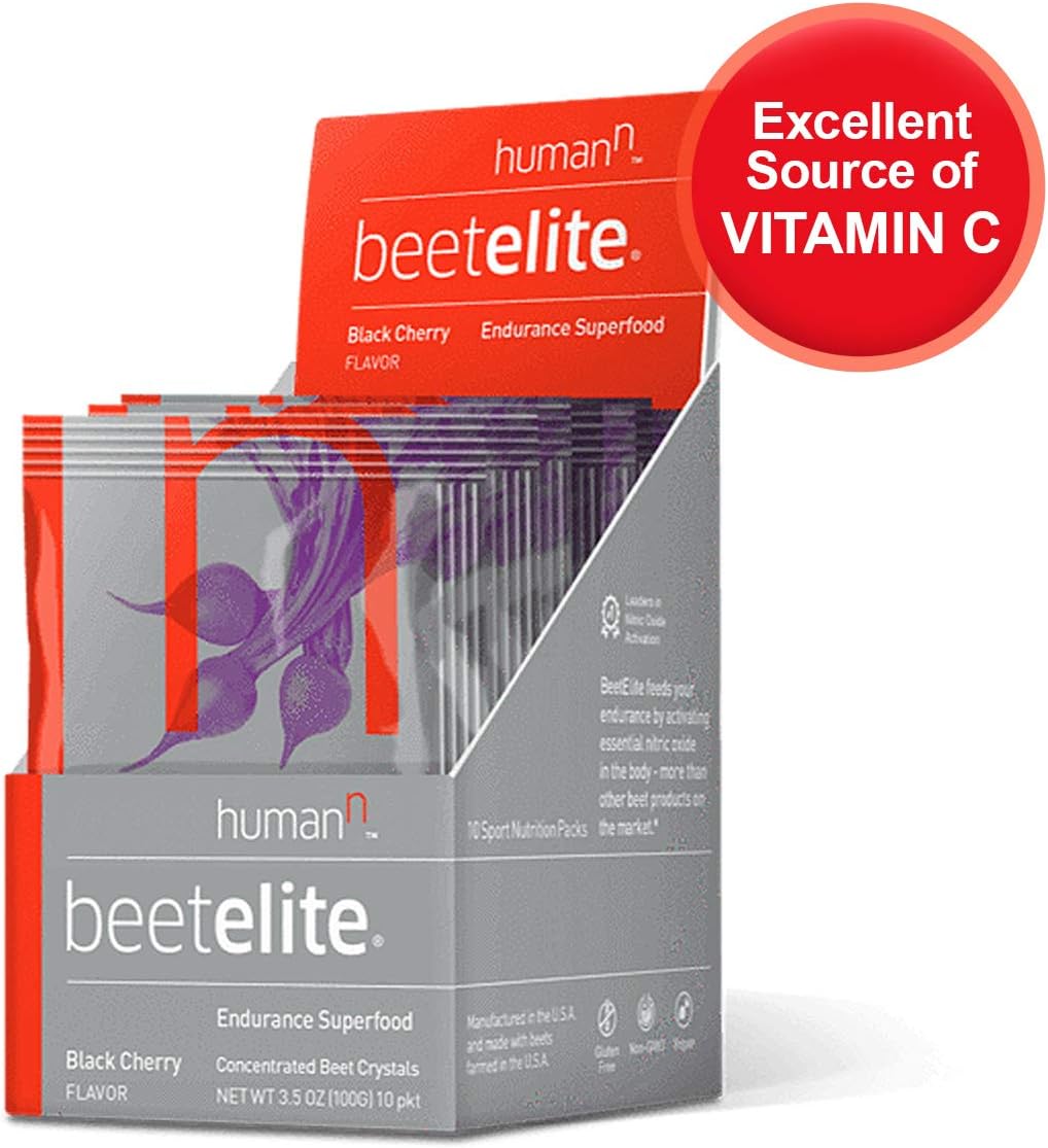 HumanN BeetElite Superfood Concentrated Beet Powder Nitric Oxide Boosting Athletic Endurance Supplement (Black Cherry Flavor, 0.35-Ounce, 10 Packets), Beet Red, 10 Servings: Health & Personal Care