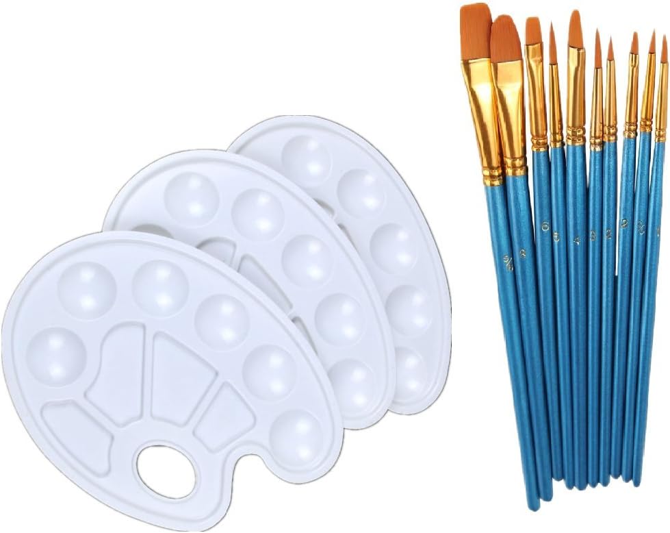 Nylon Hair Painting Brush 10 Pieces Set With 3 Pcs Paint Tray Palettes