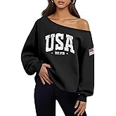 Dressmine Womens Sexy Off Shoulder Sweater USA Sweatshirts Long Sleeve Patriotic Shirt American Flag Hoodie Pullover