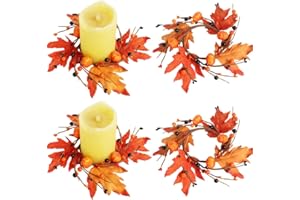 RSACCSKY 2 Pack Fall Candle Rings Wreaths Artificial Pumpkin Maple Leaf Candle Garland with Black Berries for Pillars Thanksgiving, Halloween Table Wedding Parties Autumn Decor Centerpieces (Orange-2pc)