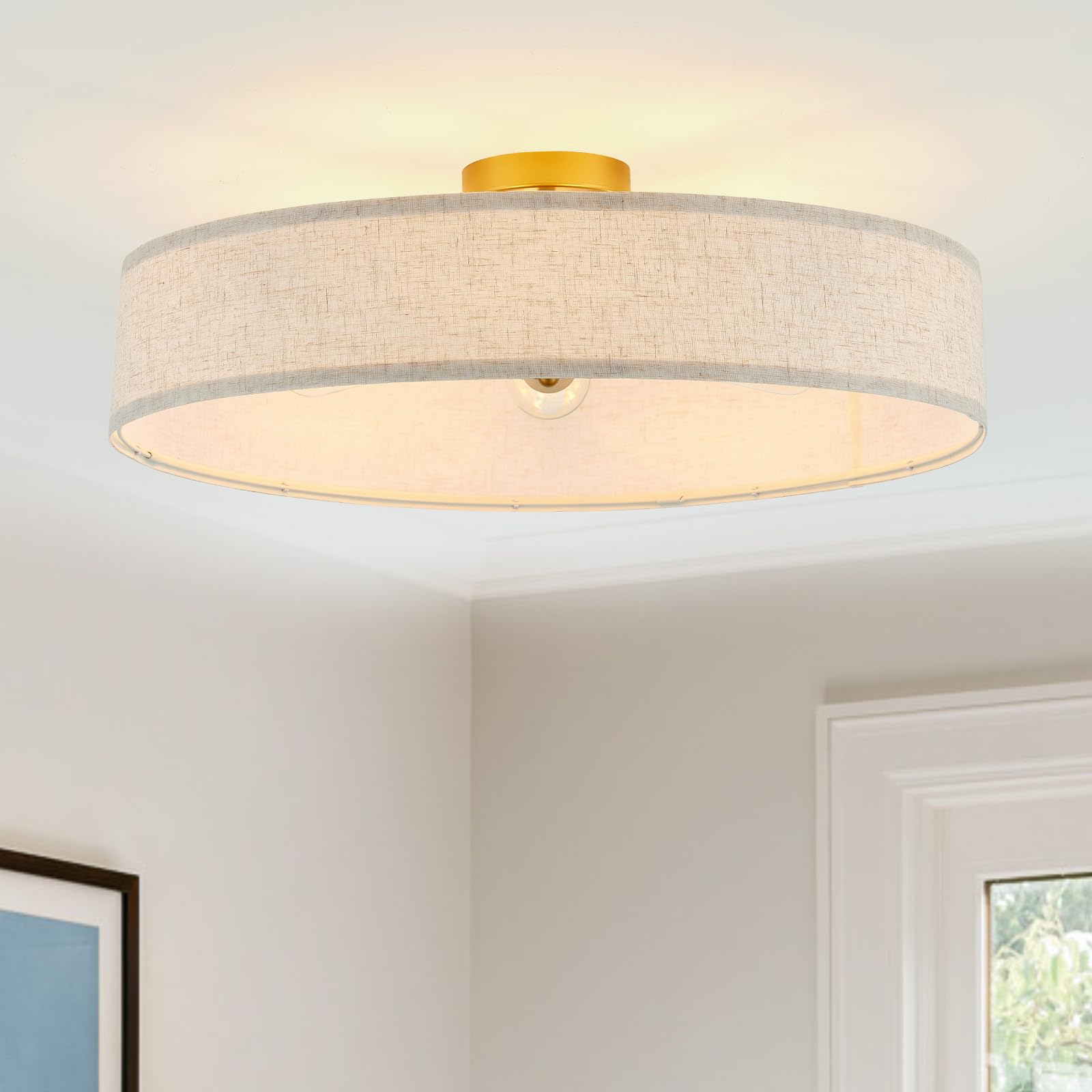 Photo 1 of VILUXY Gold Semi-Flush Mount Ceiling Light Fixture 24" Large Modern Ceiling Light with Linen Fabric Drum Shade 5-Light Round Ceiling Lamp for Bedroom Dining Room Entryway