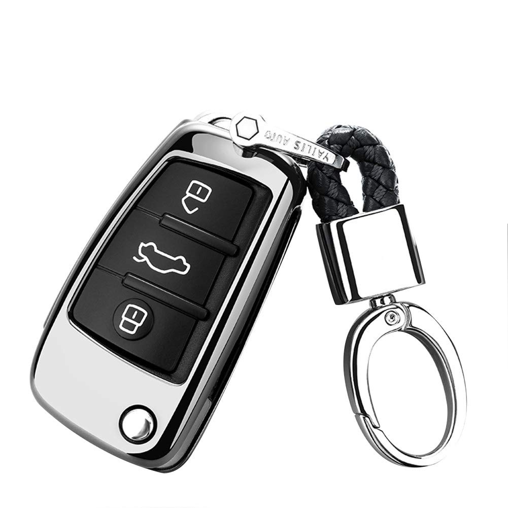 Happyit TPU Car Key Case Cover for Audi Sline A3 A5 Q3 Q5 A6 C5 C6 A4 B6 B7 B8 TT 80 S6 3 Buttons Fob Key with Keychain (Silver)
