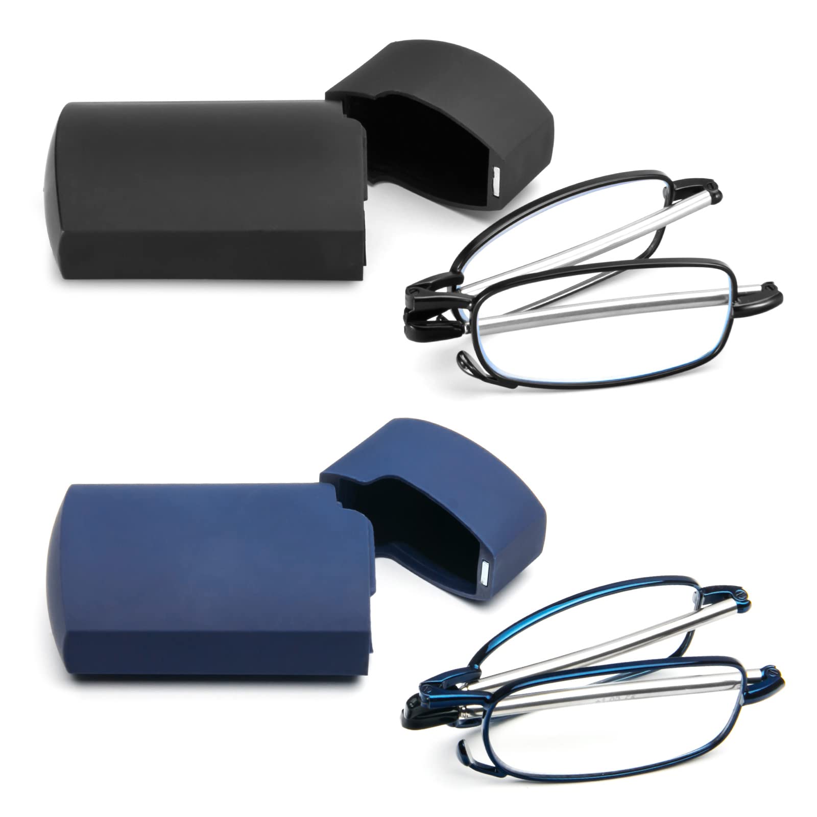MMOWW 2 Pair Folding Reading Glasses With Flip Case, Blue Light Blocking Mini Compact Portable Pocket Reader for Men and Women (Black+Blue, +1.0) — image 1