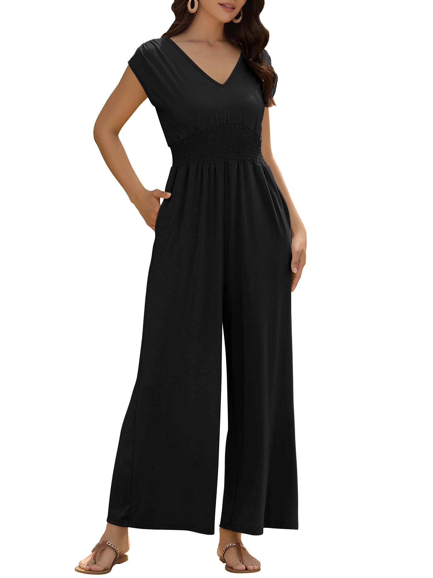 Photo 1 of ZAFUL Women's Sleeveless Smocked Waist Top V Neck Long Loose Pants Jumpsuits Rompers Playsuits Summer Spring Fall 2025 Fashion Travel Clothes Black M