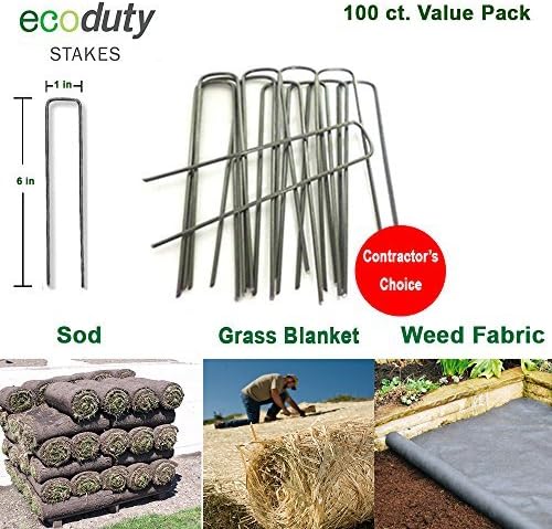 Ecoduty Contractor Grade Solid Steel 6 inch 11-Gauge Sod Staples - Metal Garden Stakes for Landscape Fabric, Weed Barrier, Seed Blanket, drip line, Lighting Contractor's Choice (100 Pack) (100)