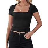 NTSWZYS Women's Square Neck Short Sleeve T Shirts Double-Layer Going Out Tops Slim Fit Tee Shirts