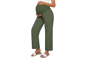 Huukeay Women's Cotton Linen Blend Maternity Pants, High Waisted Lounge Pregnancy Pants Over The Belly Trousers with Pockets