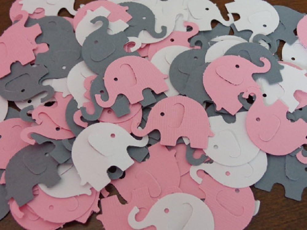 Pink Grey and White Elephant Confetti- One Inch Elephants - Table Scatter - Baby Girl Shower Elephant Die Cuts - Scrapbooking (Set of 150 Pieces)
