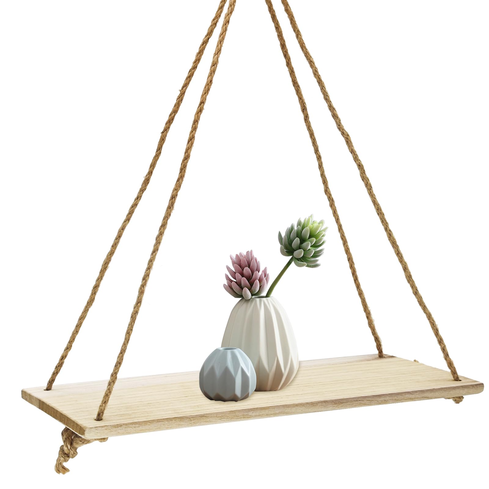 FuninCrea Floating Shelves, 35 * 14 * 1cm Hanging Floating Shelf Wooden Shelf with Swing Rope, Multipurpose Wooden Shelves Rustic Floating Shelves for Bathroom, Kitchen (beige)