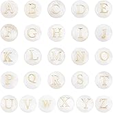 PH PandaHall 52pcs Alphabet A-Z Beads, Freshwater Shell Beads 8mm Summer Seashell Bead Flat Round with Letter Initial Bead Ocean Beach Spacers for Boho Necklace Bracelet Earring Jewelry Making