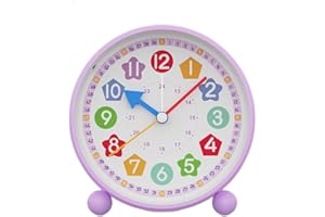 HOTIYOK Telling Time Teaching Clock Nursery Kids Learning Alarm Clock 4 Inch Cute Table Analog Clocks Girls Bedroom Desk Silent Non Ticking Educational Clock with Night Light(Purple)