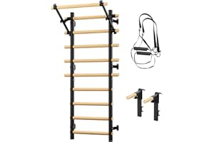 Cofiyard Swedish Ladder Wall Gym, Wooden Wall-Mounted Stall Bars with Pull-up Bar & Exercise Straps & Dip Bars, Stretching Ladder Full Body Home Gym Adults New