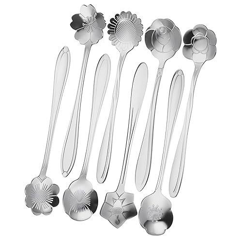 JYJLLM Brand 8 Rose Shaped Dessert Cutlery Spoons (Tea & Coffee) - Stainless Steel (Silvery) Set of 8