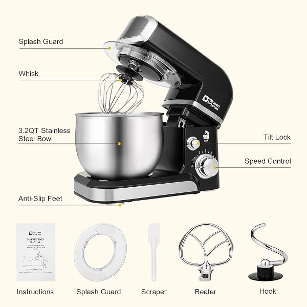 KITCHEN IN THE BOX STAND MIXER,3.2QT SMALL ELECTRIC FOOD MIXER,6 SPEEDS PORTABLE LIGHTWEIGHT KITCHEN MIXER FOR DAILY USE WITH EGG WHISK,DOUGH HOOK,FLAT BEATER (BLACK)