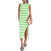 Wenrine Womens Summer Sundress Bodycon Midi Dress Sleeveless Casual Knit Striped Hollow Out Slit Long Tank Sun Dresses